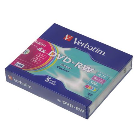 Оптический диск DVD-RW VERBATIM 4.7Гб 4x, 5шт., slim case, разноцветные [43563]