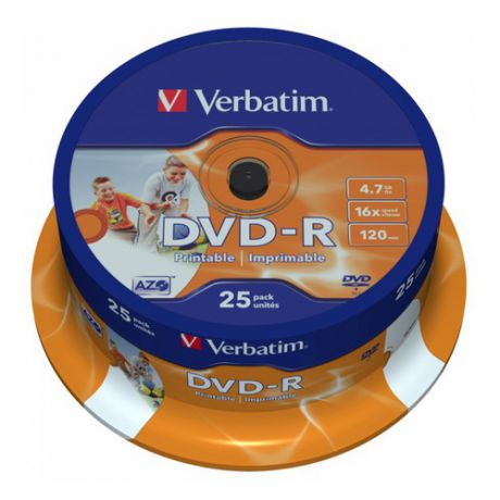 Оптический диск DVD-R VERBATIM 4.7Гб 16x, 25шт., cake box, printable [43538]