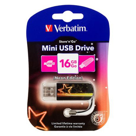 Флешка USB VERBATIM Mini Neon Edition 16Гб, USB2.0, оранжевый и рисунок [49394]