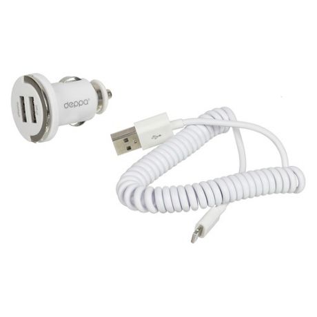 Автомобильное зарядное устройство DEPPA Ultra, 2xUSB, 8-pin Lightning (Apple), 2.1A, белый