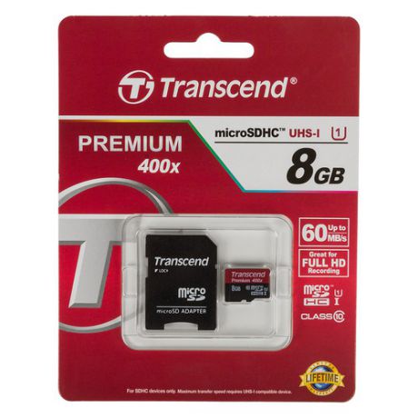 Карта памяти microSDHC UHS-I TRANSCEND Premium 8 ГБ, 60 МБ/с, 400X, Class 10, TS8GUSDU1, 1 шт., переходник SD