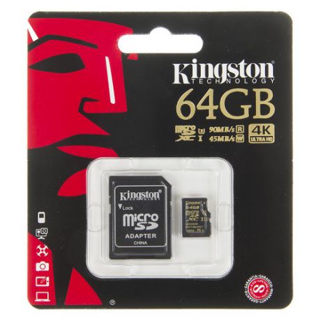 Карта памяти microSDXC UHS-I U3 KINGSTON 64 ГБ, 90 МБ/с, Class 10, SDCG/64GB, 1 шт., переходник SD
