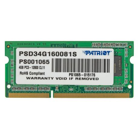Модуль памяти PATRIOT PSD34G160081S DDR3 - 4Гб 1600, SO-DIMM, Ret