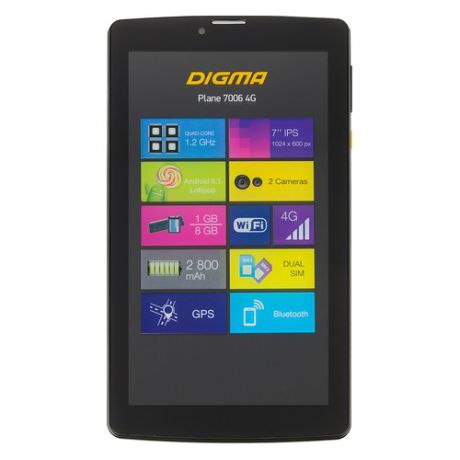 Планшет DIGMA Plane 7006 4G, 1GB, 8GB, 3G, 4G, Android 7.0 черный [ps7041ml / ps7041pl]