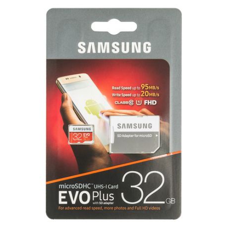 Карта памяти microSDHC UHS-I SAMSUNG EVO PLUS 32 ГБ, 95 МБ/с, Class 10, MB-MC32GA/RU, 1 шт., переходник SD