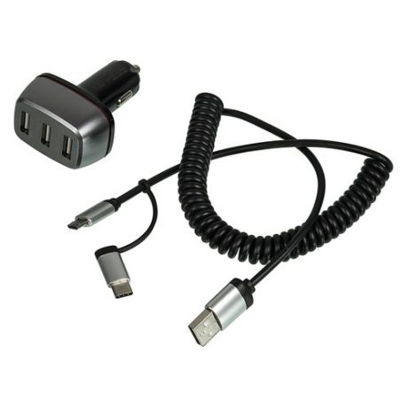 Автомобильное зарядное устройство DF AutoTor-06, 3xUSB, microUSB/USB type-C, 2.4A, черный