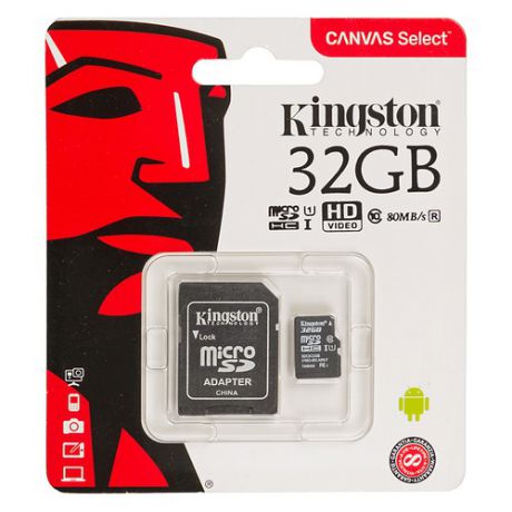 Карта памяти microSDHC UHS-I U1 KINGSTON Canvas Select 32 ГБ, 80 МБ/с, Class 10, SDCS/32GB, 1 шт., переходник SD