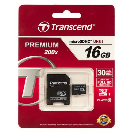 Карта памяти microSDHC UHS-I TRANSCEND 16 ГБ, 30 МБ/с, 200X, Class 10, TS16GUSDHC10, 1 шт., переходник SD