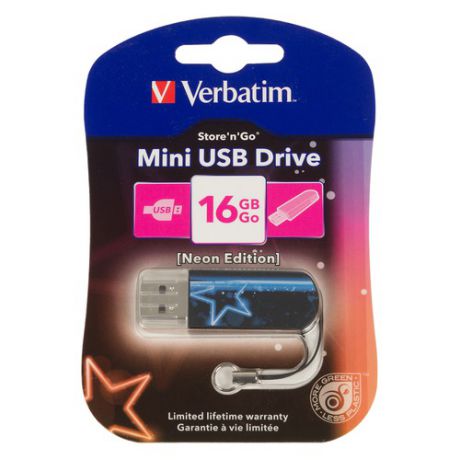 Флешка USB VERBATIM Mini Neon Edition 16Гб, USB2.0, синий и рисунок [49395]