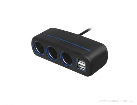 Разветвитель на 3 автомобильных розетки 12V и 2 USB Neoline SL-321