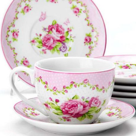 Чайный набор LORAINE, Цветы, 12 предметов, розовый узор