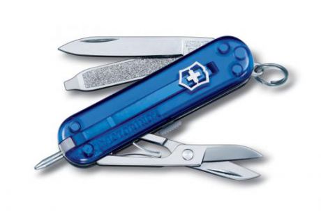 Нож-брелок VICTORINOX, Signature, 5,8 см, 7 функций, синий, полупрозрачный корпус