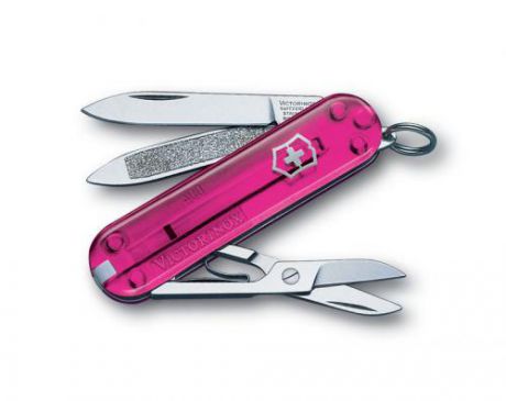 Нож-брелок VICTORINOX, Classic, 5,8 см, 7 функций, розовый, полупрозрачный корпус