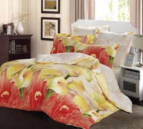 Комплект постельного белья семейный СайлиД, B, красный, с цветами