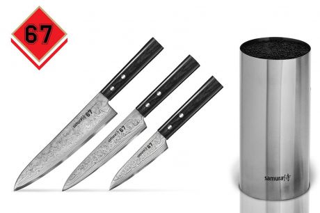 Набор из 3 кухонных ножей Samura 67 Damascus и металлической браш-подставки