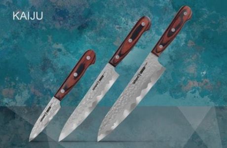 SKJ-0220 Набор из трех кухонных ножей SAMURA KAIJU, Каидзю, AUS 8, черненая сталь, рукоятка из дерева