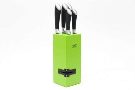 8448 GIPFEL Набор кухонных ножей 6 пр. на деревянной подставке с ножеточкой. Материал лезвия: нерж. сталь 3cr13. Материал ручек: нерж. сталь, пластик. Цвет ручек: черный. Цвет подставки: зеленый.