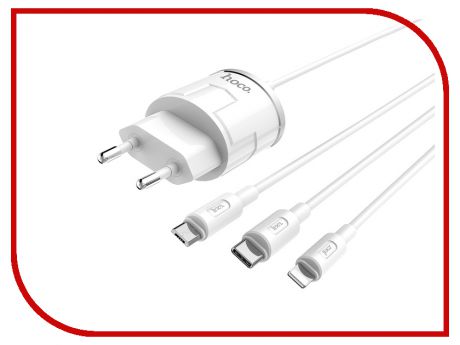 Зарядное устройство HOCO C38A Thunder 2xUSB 2.4A + MicroUSB + Lightning + Type-C White