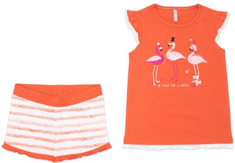 Комплекты Barkito Комплект трикотажный для девочки: футболка с коротким рукавом +шорты Barkito, "Фламинго", оранжевый