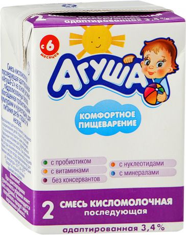 Молочная продукция Агуша Готовая кисломолочная смесь Агуша-2 3,4% с 6 мес. 204 мл