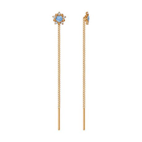 Серьги-цепочки из золота с голубыми фианитами