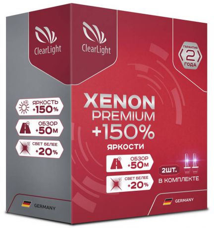 Лампа автомобильная ксеноновая Clearlight Xenon Premium +150%, цоколь H11, 5000 К, 35 Вт, 2 шт