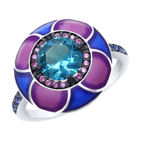 Кольцо из серебра с эмалью с синим ситаллом и синими и сиреневыми фианитами