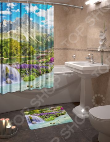 Набор для ванной комнаты: шторка и коврик ТамиТекс «Горный пейзаж»