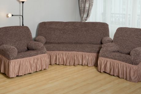 Натяжной чехол на трехместный диван и чехлы на 2 кресла Karbeltex «Модерн-металлик» с оборкой