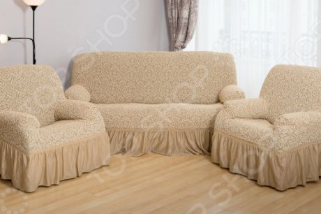 Натяжной чехол на трехместный диван и чехлы на 2 кресла Karbeltex «Престиж. Цветы» с оборкой