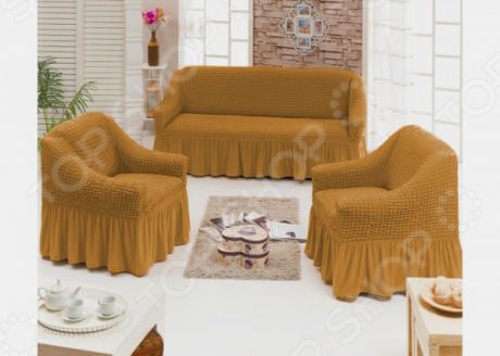 Натяжной чехол на трехместный диван и чехлы на 2 кресла и 6 стульев Karbeltex с оборкой. Цвет: горчичный