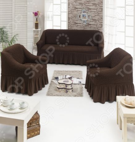 Натяжные чехлы на трехместный диван, двуспальную кровать и чехлы на 2 кресла Karbeltex с оборкой. Цвет: шоколад