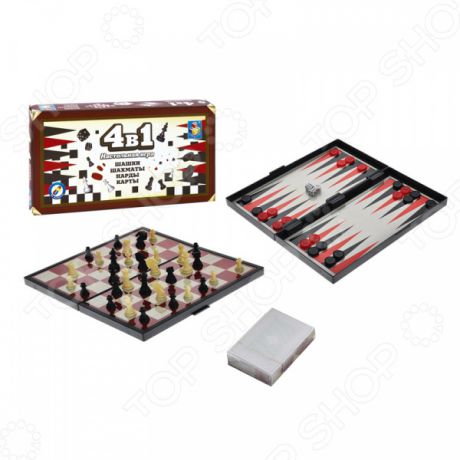 Игра настольная 4 в 1 1 Toy «Шашки/шахматы/нарды/карты»