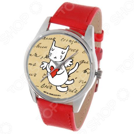 Часы наручные Mitya Veselkov «Кошка-амур с сердцем». Цвет корпуса: серебристый
