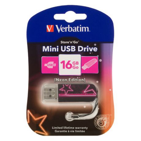 Флешка USB VERBATIM Mini Neon Edition 16Гб, USB2.0, розовый и рисунок [49396]