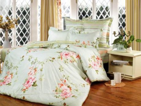 Комплект постельного белья двуспальный СайлиД, B, салатовый, с цветами