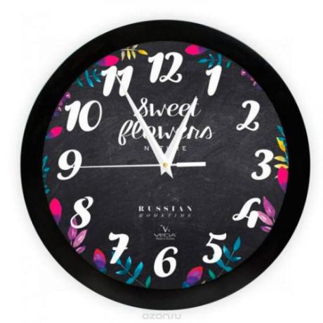 Часы настенные ВЕГА, Цветы на черном, 28,5 см