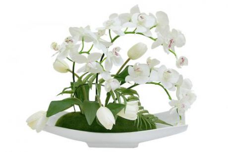 Декоративные цветы Орхидея белая c тюльпанами на керам подставке