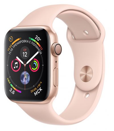 Умные часы Apple Watch Series 4, 44 мм, корпус из золотистого алюминия, спортивный ремешок цвета «розовый песок»