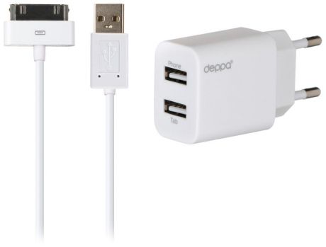 Сетевое зарядное устройство Deppa 2 USB compact 2,1A + кабель Apple (белый)