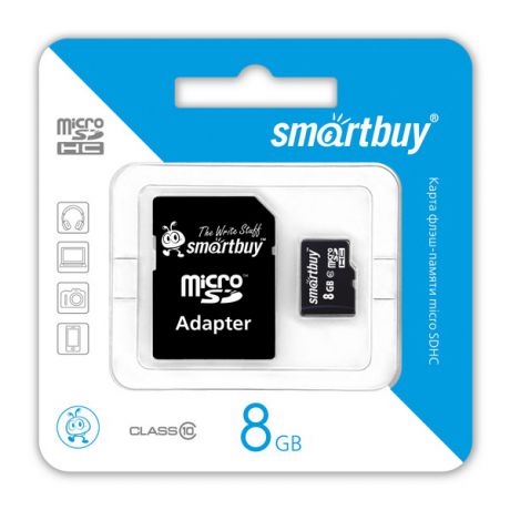 Карта памяти Smartbuy MicroSDHC 8Gb Class 10 + адаптер (черный)