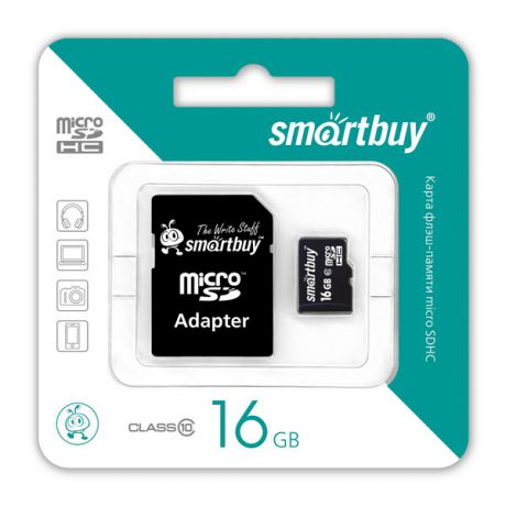 Карта памяти Smartbuy MicroSDHC 16Gb Class 10 + адаптер (черный)