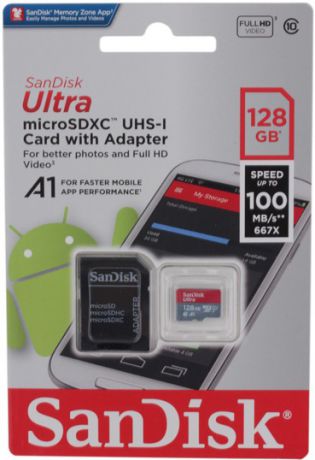 Карта памяти SanDisk Ultra microSDXC Class 10 UHS Class 1 A1 100MB/s 128GB + SD adapter