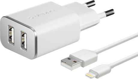Сетевое зарядное устройство Deppa 2 USB 2.4А + дата-кабель Apple 8pin MFI (белый)