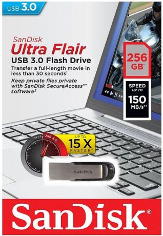 USB флешка SanDisk Cruzer Ultra Flair 256Gb USB 3.0 (серебристо-черный)