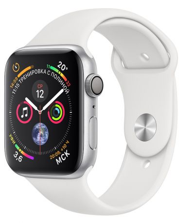 Умные часы Apple Watch Series 4, 44 мм, корпус из серебристого алюминия, спортивный ремешок белого цвета (серебристый)