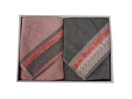 комплект полотенец махр. SPANY Lace 2шт 50х90см серый с розовым