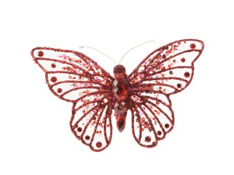 бабочка со стразами на зажиме 13х9см красный органза
