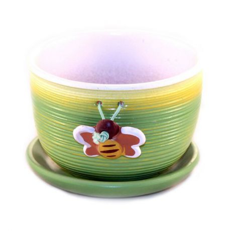горшок керамический с поддоном /Пчелка/ 0.5 л резной зеленый