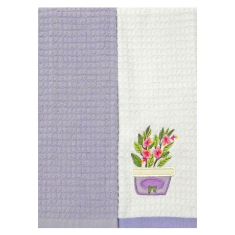 комплект полотенец кухонных TAC махр. с вышивкой Цветы 40х60см 2шт белый/лиловый
